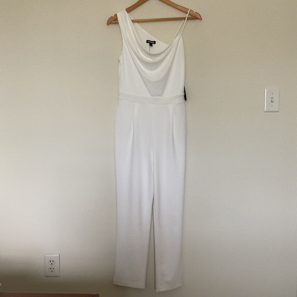 Express White One Shoulder Jumpsuit Sz S Nautical Cocktail Festival Coastal Boho